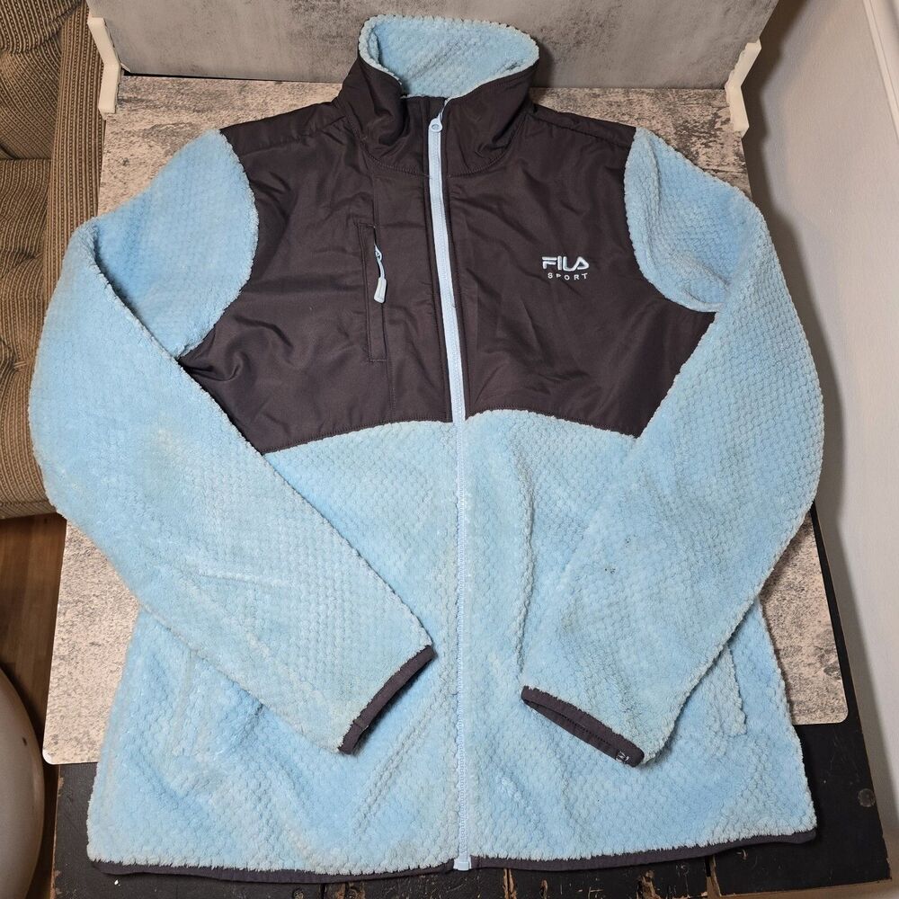 Women's M Fila Sport Plush Fleece Jacket Full Zip Lt Blue Gray Denali Style BX